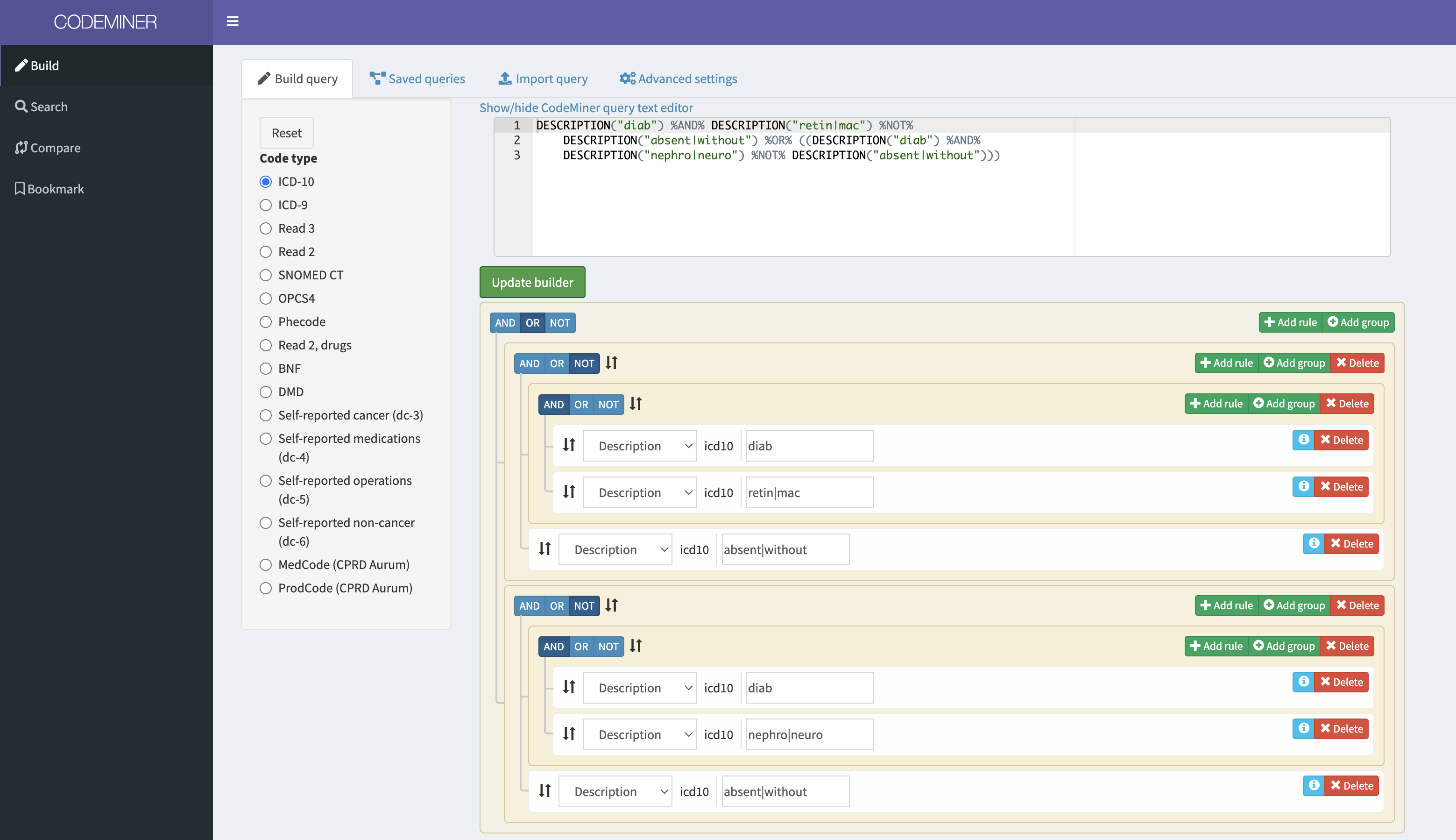 CodeMiner query builder interface showing drag-and-drop codelist creation with ICD-10, SNOMED CT, and other medical vocabularies